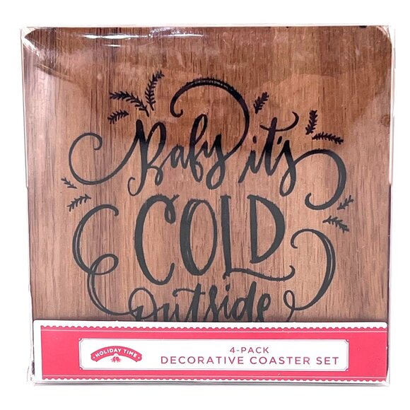 Holiday Time 4-Pack Decorative Coaster Set Baby It's Cold Outside Acacia Wood - Picture 1 of 11